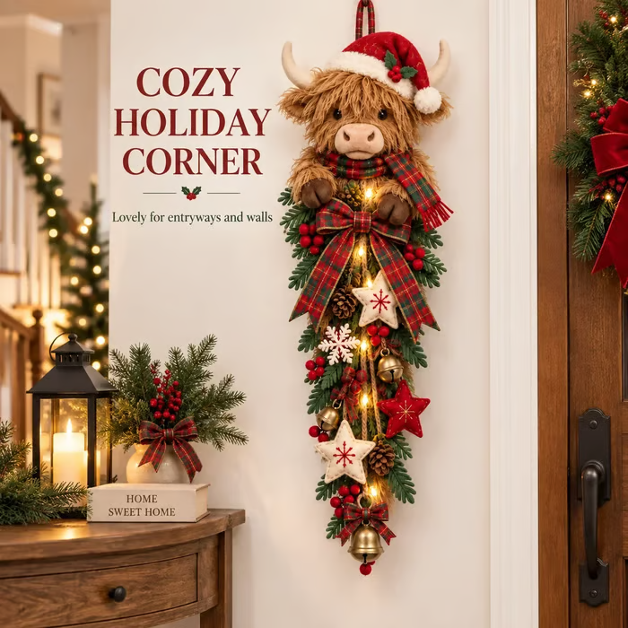 🎄 Lighted Highland Cow Christmas Door Swag – A Cozy Holiday Welcome